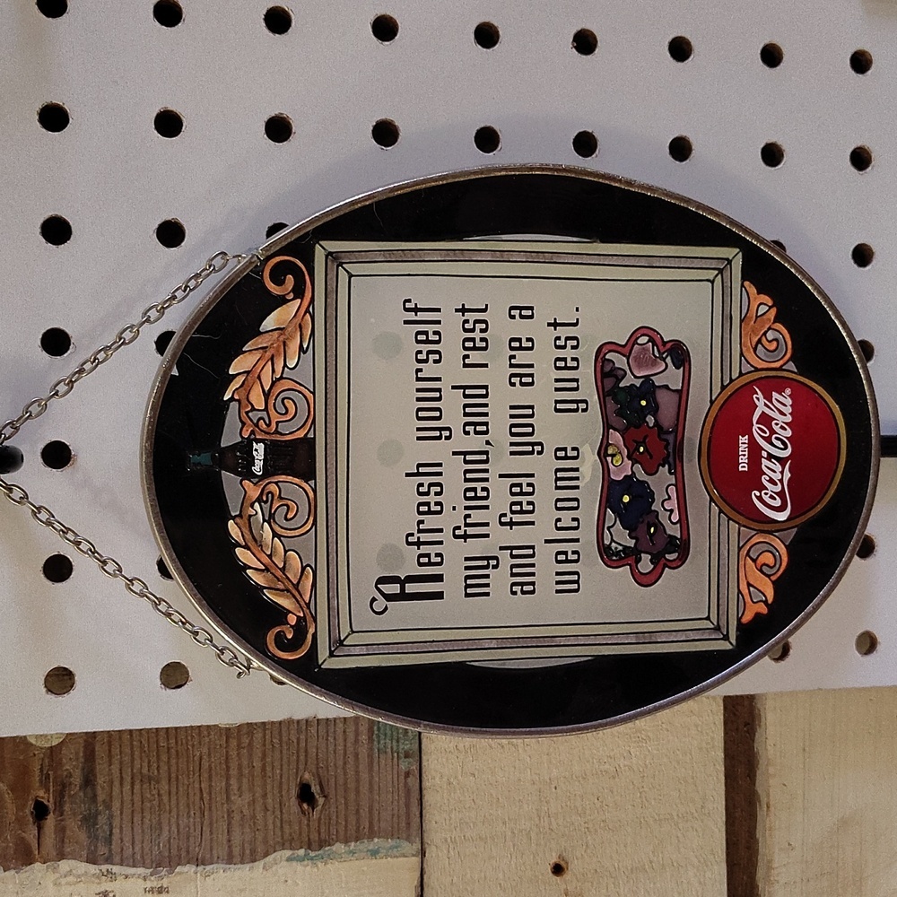Coca-Cola stained glass hanging sign with chain 7" oval